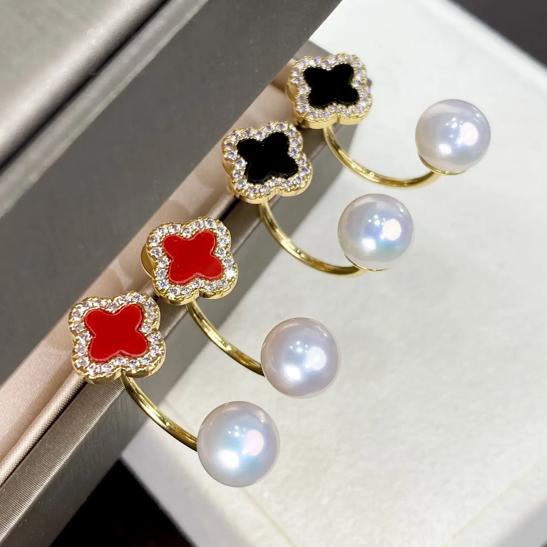 New Year Red Four Leaf Clover Pearl Earrings Set - Image 2