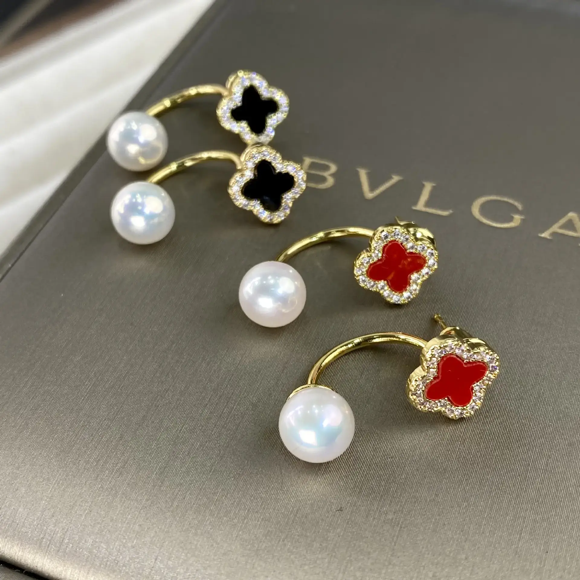 New Year Red Four Leaf Clover Pearl Earrings Set — feature 2