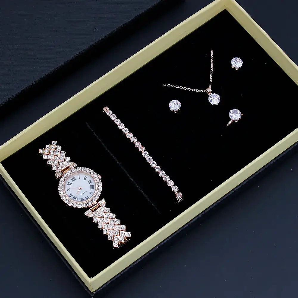 Women's Quartz Watch with Diamond Earrings & Bracelet Set - Image 2