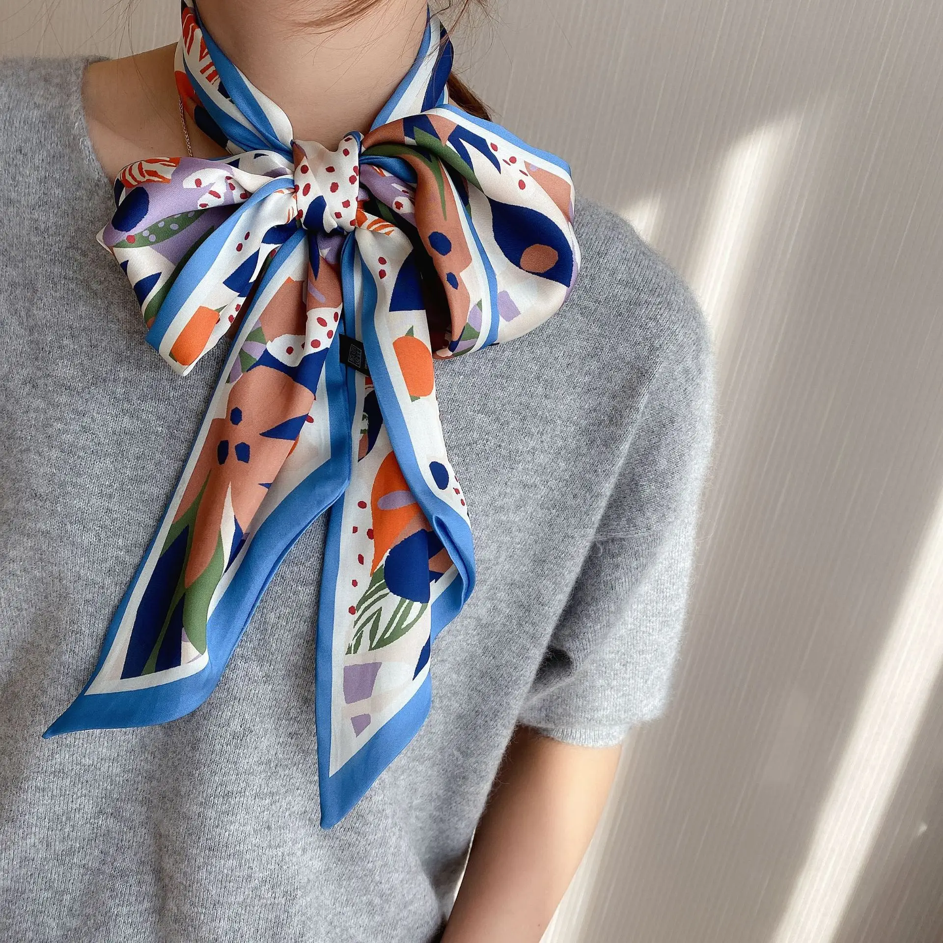 2024 New Cross-border Ribbon Silk Scarf Pointed Long Neck Large Floating Belt Hair Ribbon - Image 27