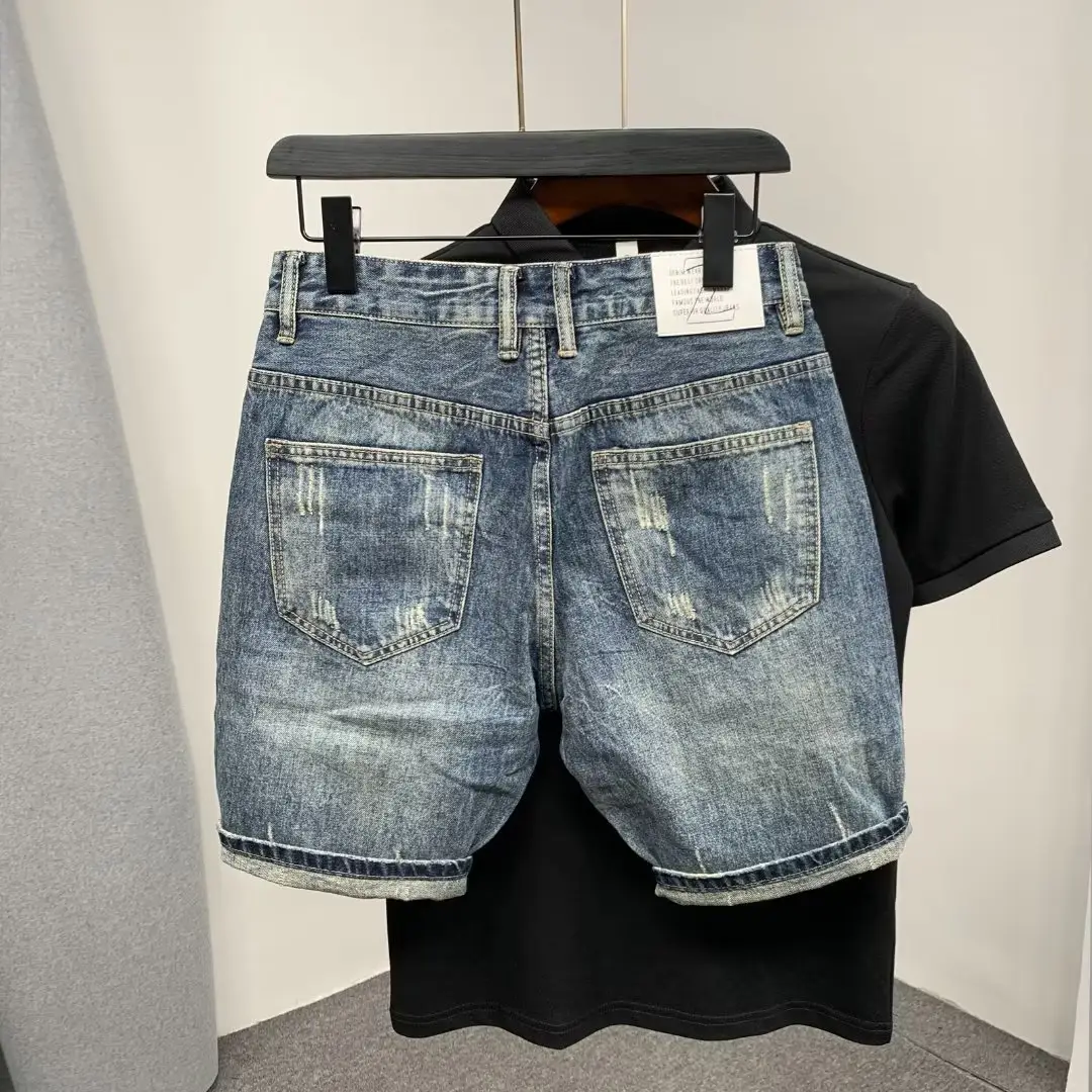 Men Denim Shorts Trendy Scrapped Cropped Summer Wear - Image 2