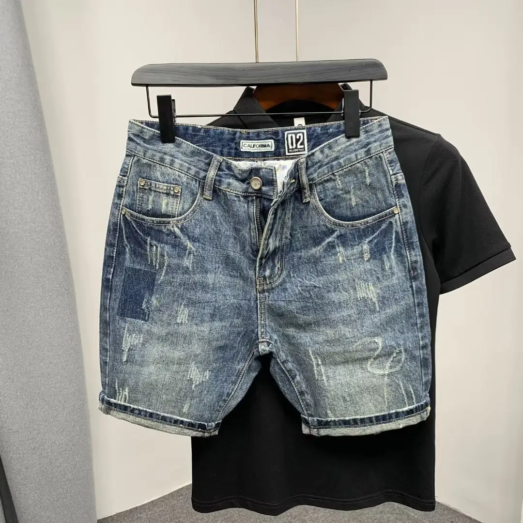 Men Denim Shorts Trendy Scrapped Cropped Summer Wear - Image 4