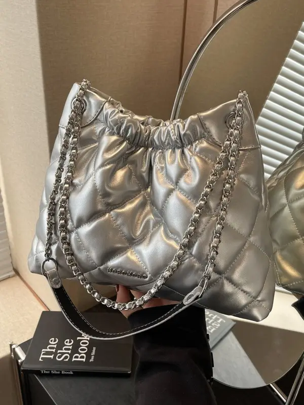 Women Rhombus Chain Bucket Bag Cream Large Capacity - Image 5