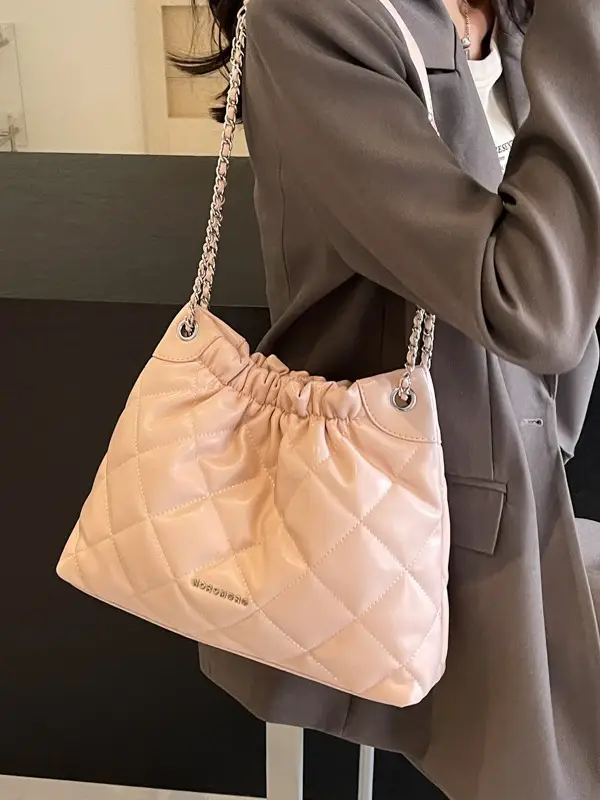 Women Rhombus Chain Bucket Bag Cream Large Capacity - Image 6