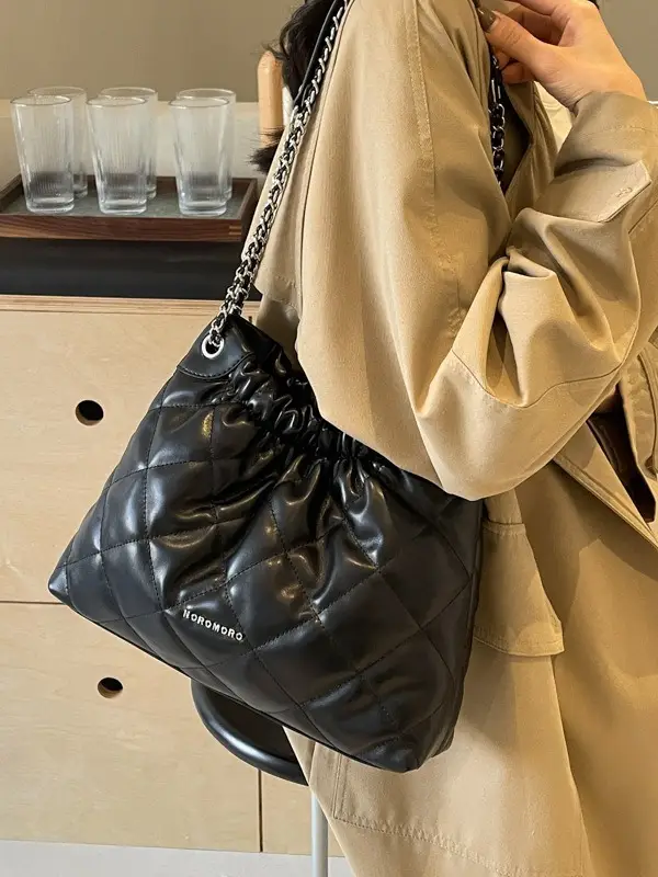 Women Rhombus Chain Bucket Bag Cream Large Capacity - Image 7