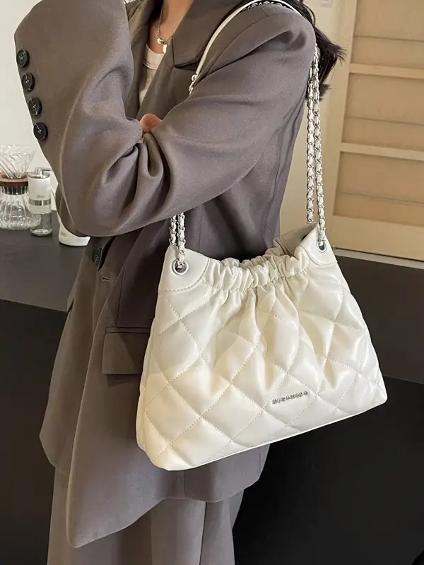 Women Rhombus Chain Bucket Bag Cream Large Capacity - Image 8