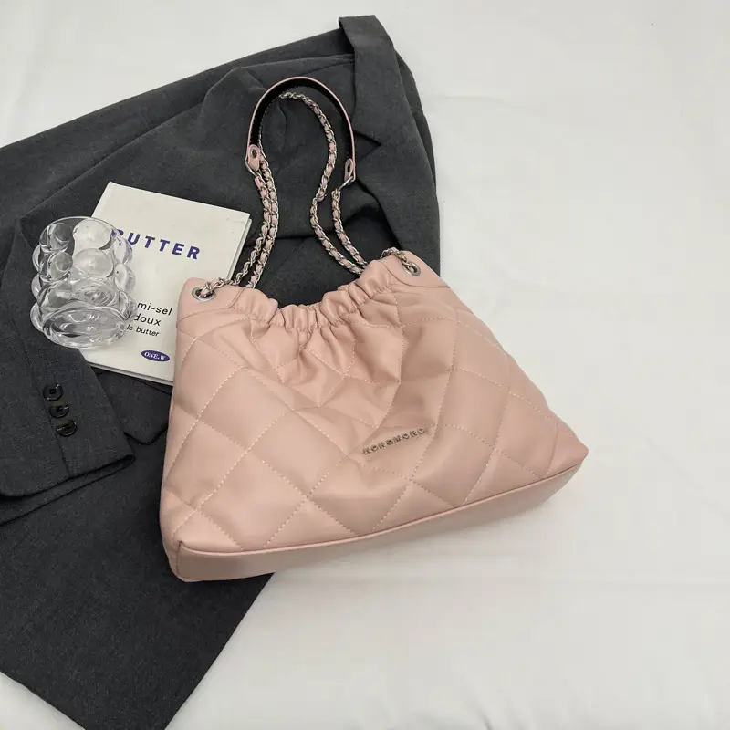 Women Rhombus Chain Bucket Bag Cream Large Capacity - Image 2