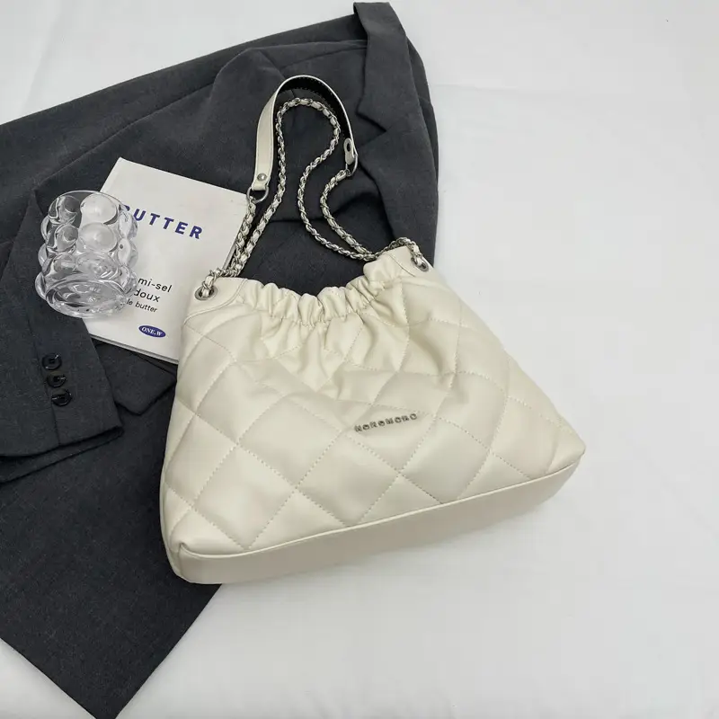 Women Rhombus Chain Bucket Bag Cream Large Capacity - Image 4