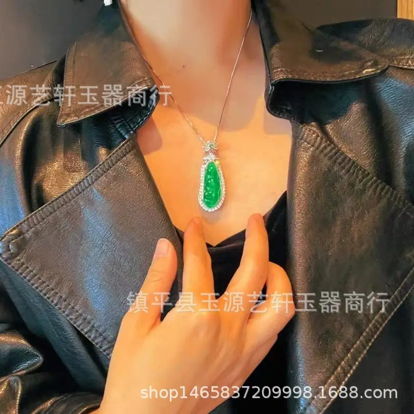 Natural Ice Chalcedony Pendant Necklace Full Green Agate Comparable to Emerald