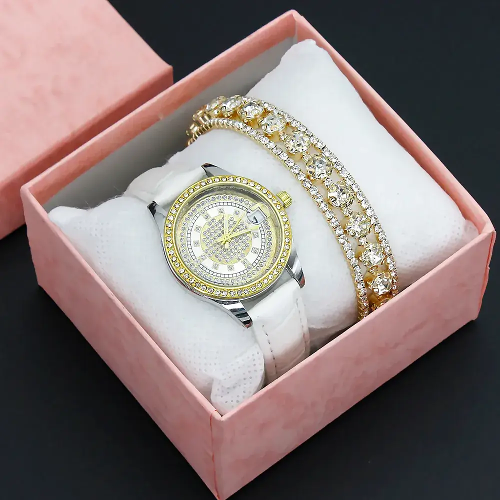Women's Full Diamond Wristwatch with Black Leather Band - Image 11