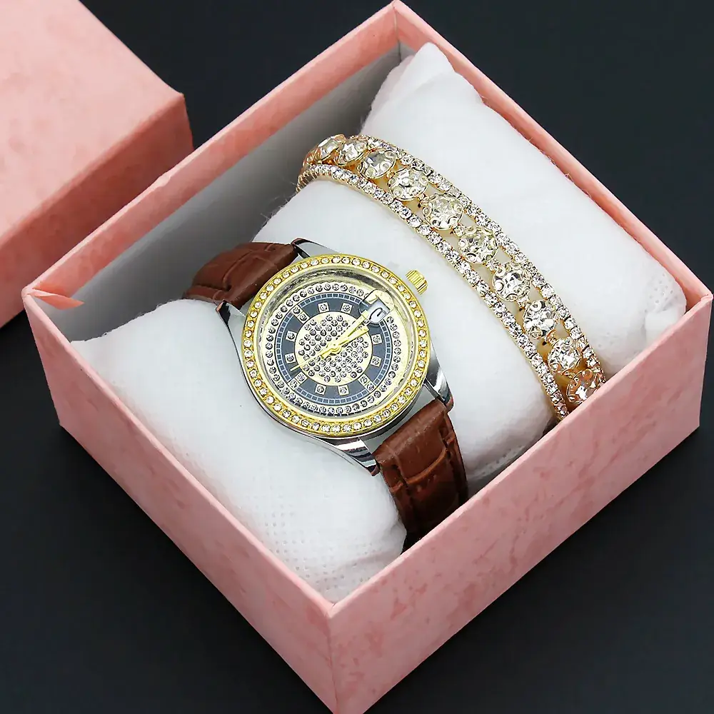 Women's Full Diamond Wristwatch with Black Leather Band - Image 2