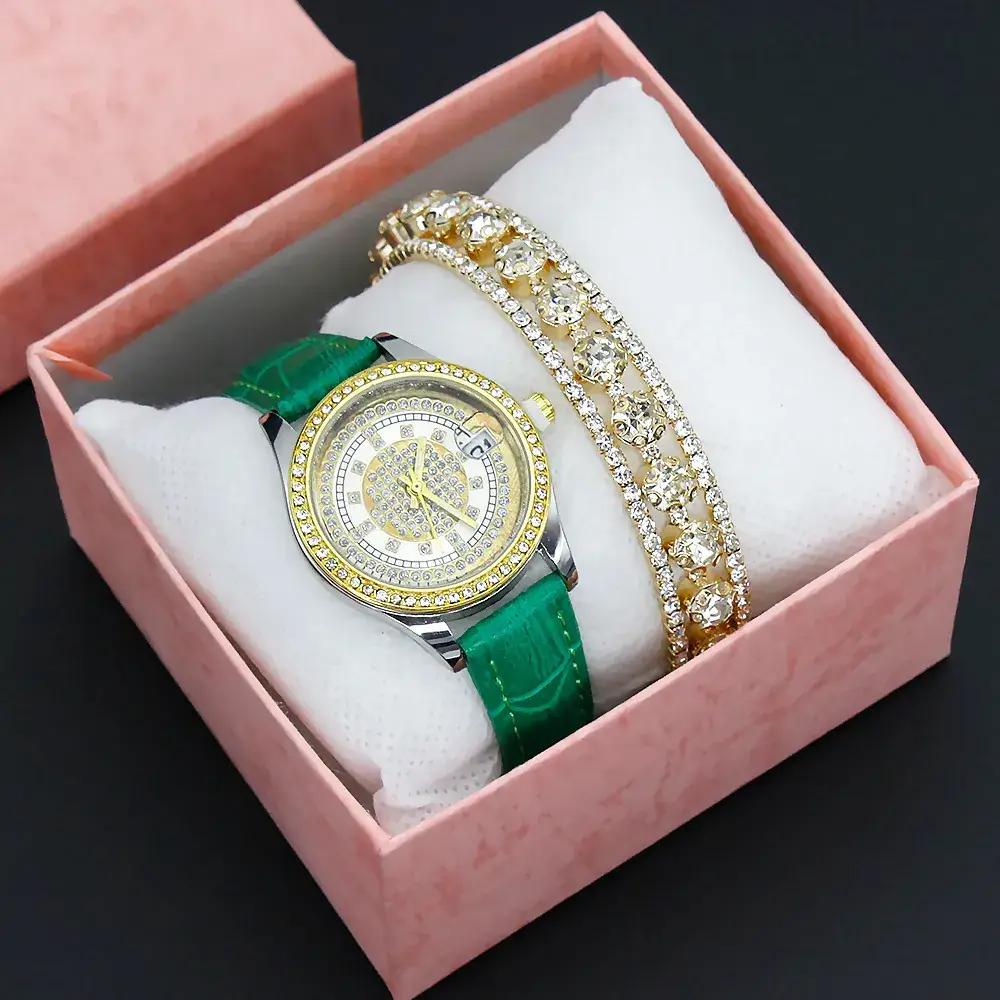 Women's Full Diamond Wristwatch with Black Leather Band - Image 9