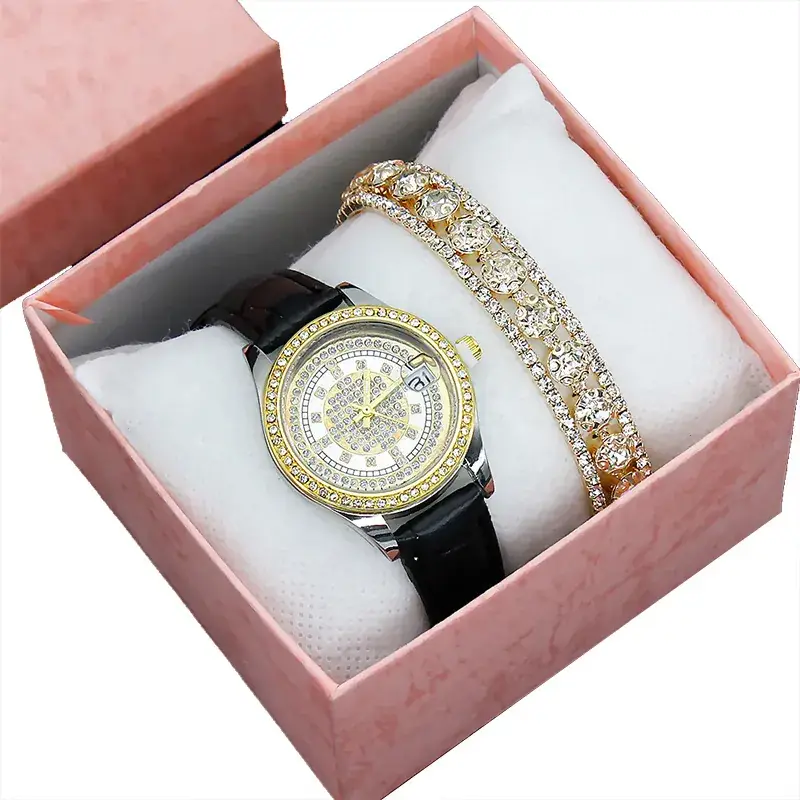 Women's Full Diamond Wristwatch with Black Leather Band - Image 27