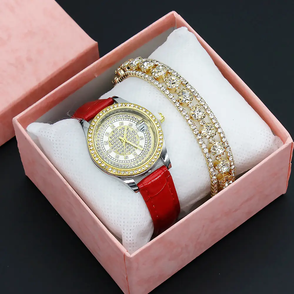 Women's Full Diamond Wristwatch with Black Leather Band — feature 10