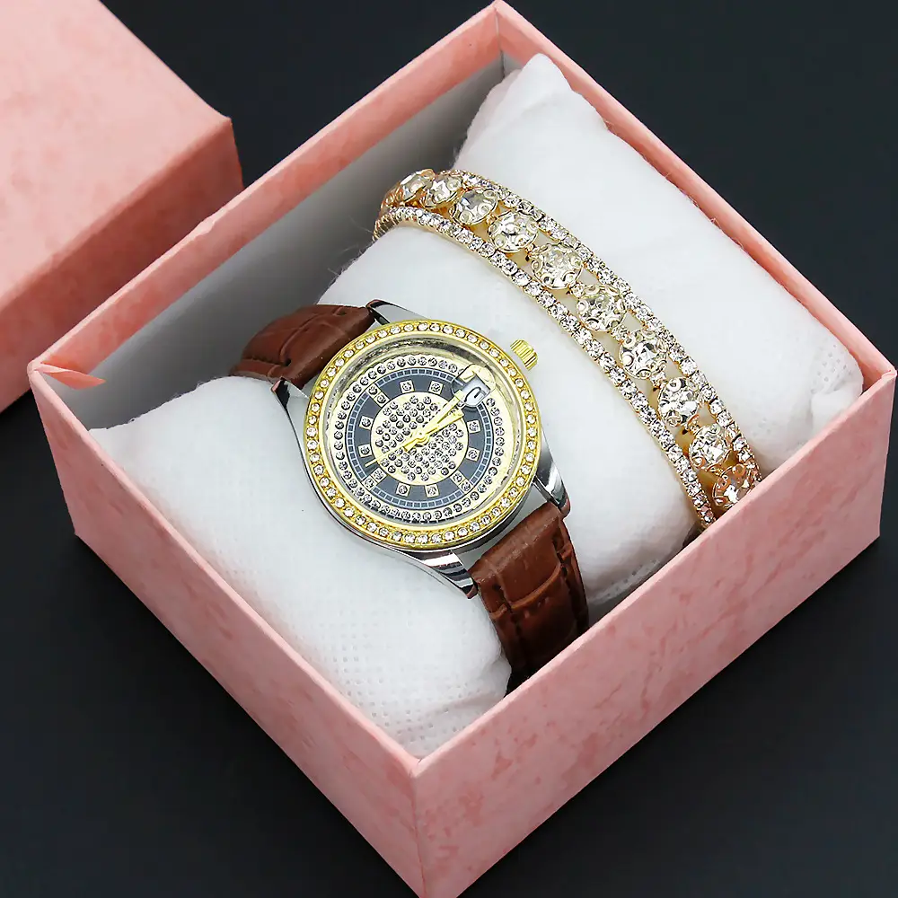 Women's Full Diamond Wristwatch with Black Leather Band — feature 13