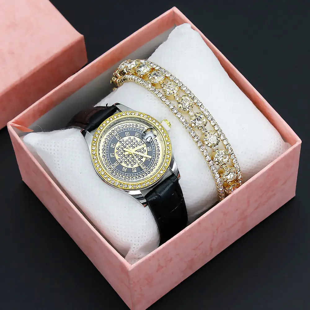 Women's Full Diamond Wristwatch with Black Leather Band — feature 14