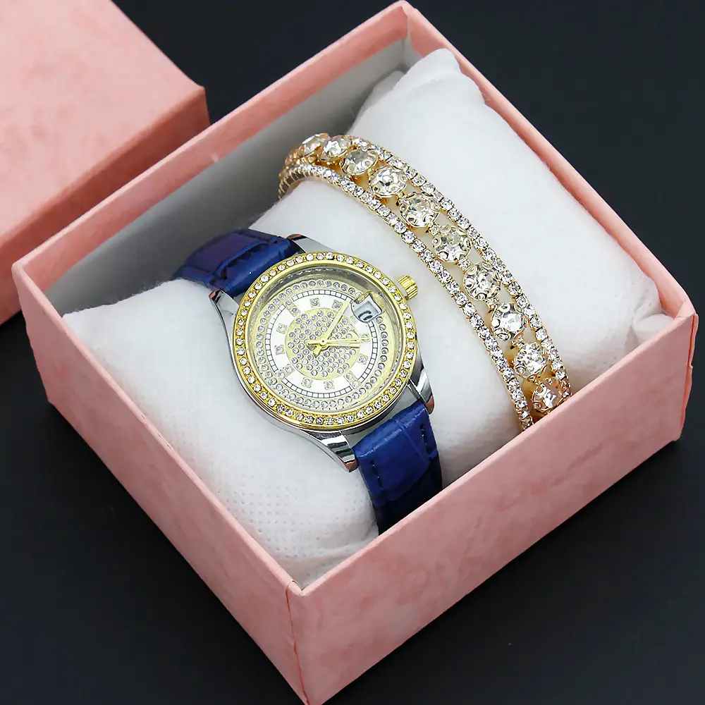 Women's Full Diamond Wristwatch with Black Leather Band — feature 8