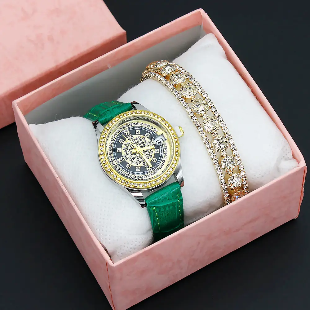 Women's Full Diamond Wristwatch with Black Leather Band — feature 9