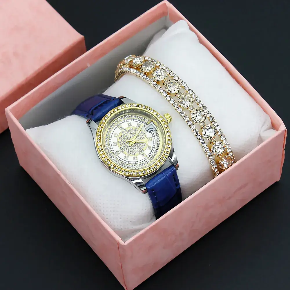 Women's Full Diamond Wristwatch with Black Leather Band - Image 12