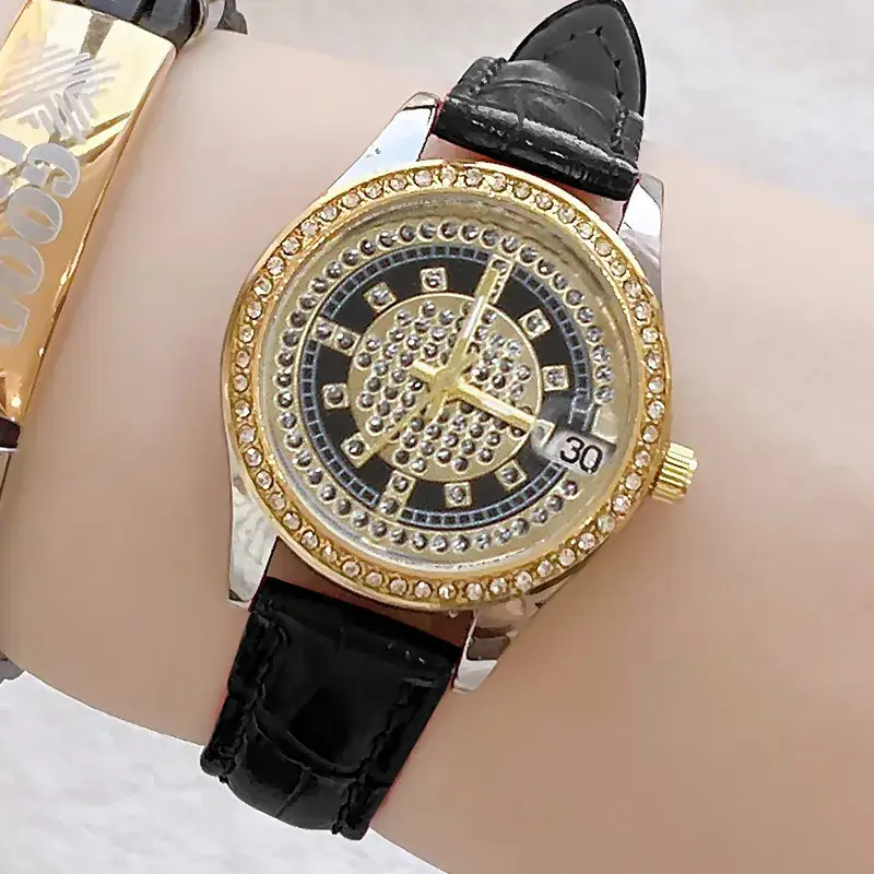 Women's Full Diamond Wristwatch with Black Leather Band - Image 13