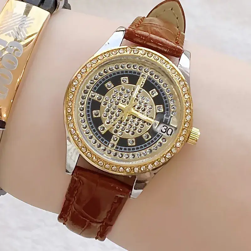 Women's Full Diamond Wristwatch with Black Leather Band - Image 14