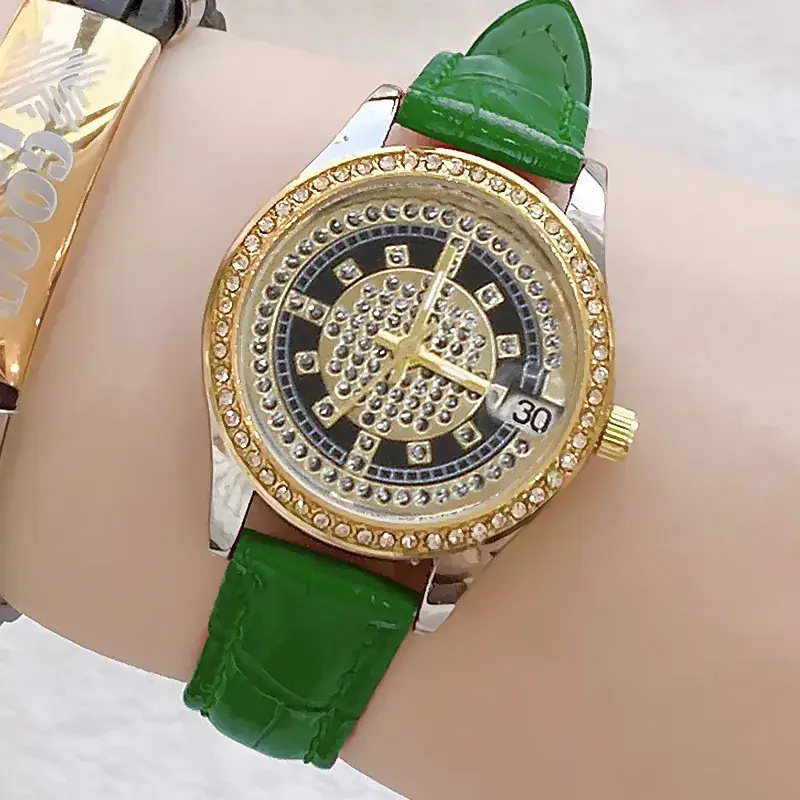 Women's Full Diamond Wristwatch with Black Leather Band - Image 15
