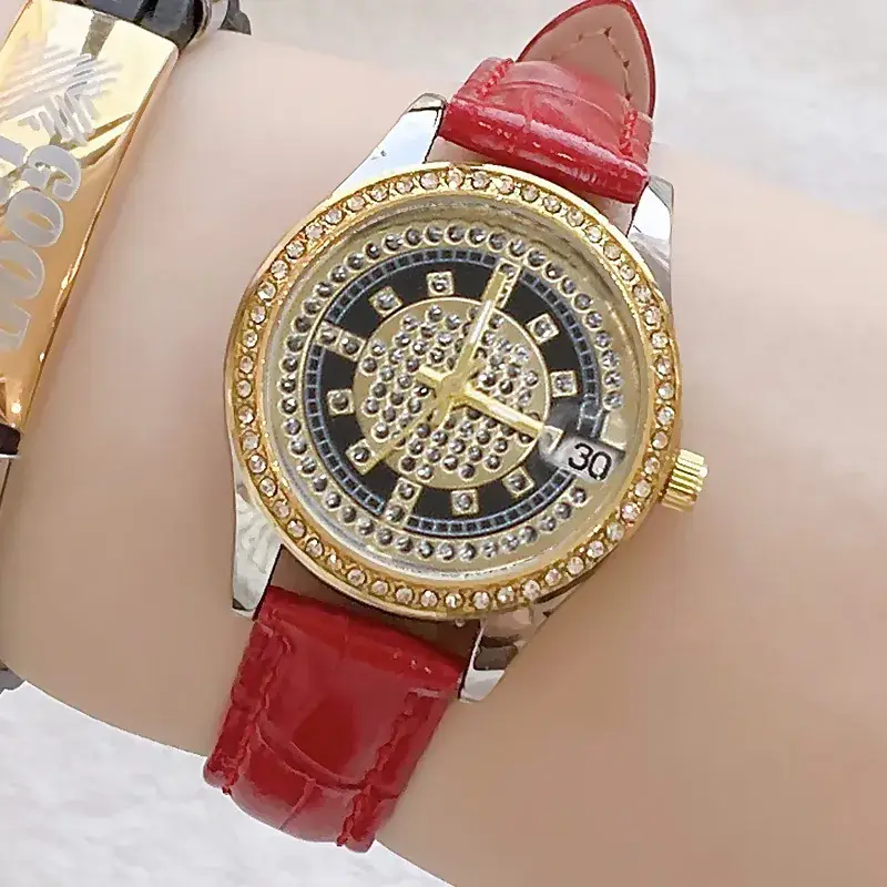 Women's Full Diamond Wristwatch with Black Leather Band - Image 16