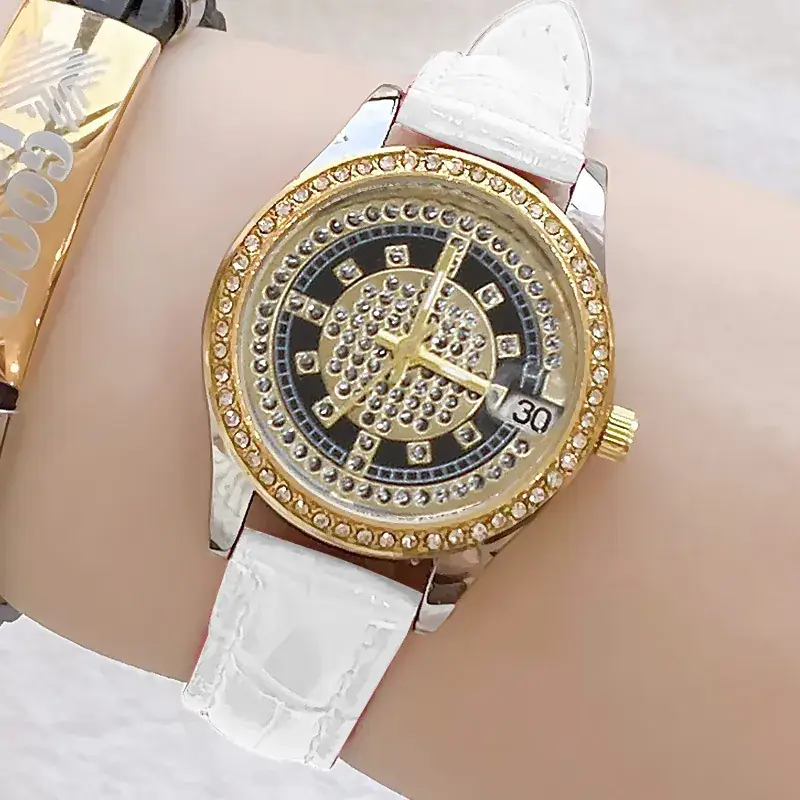 Women's Full Diamond Wristwatch with Black Leather Band - Image 17