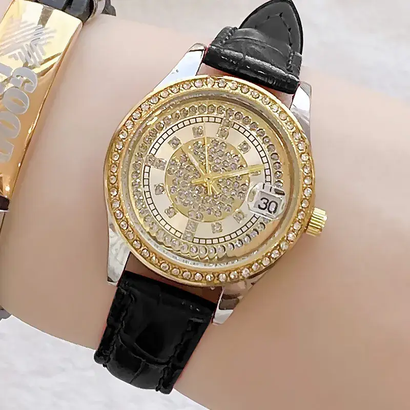 Women's Full Diamond Wristwatch with Black Leather Band - Image 19