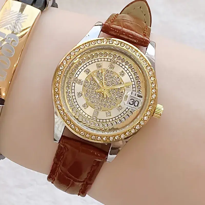 Women's Full Diamond Wristwatch with Black Leather Band - Image 20