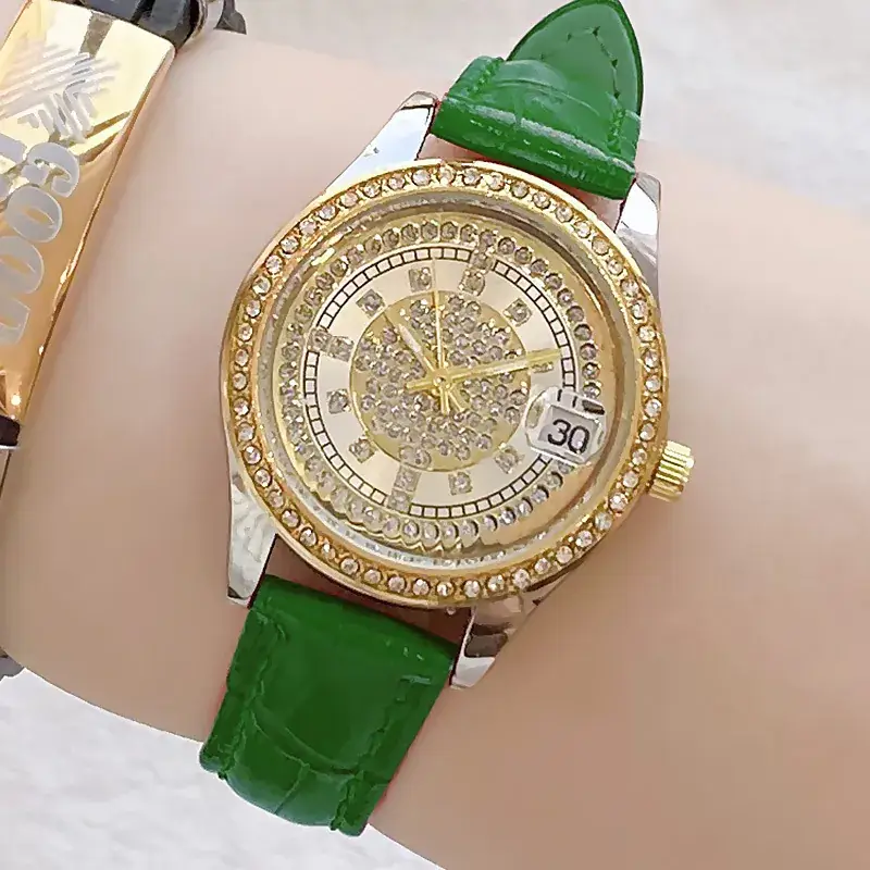 Women's Full Diamond Wristwatch with Black Leather Band - Image 21