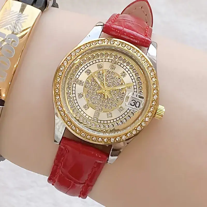 Women's Full Diamond Wristwatch with Black Leather Band - Image 22