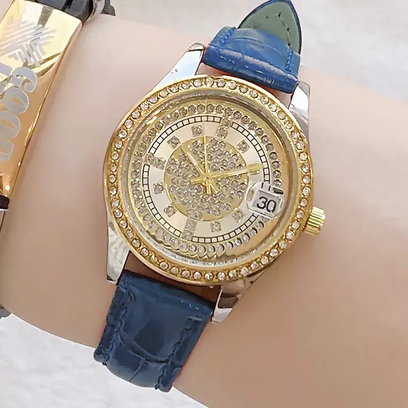 Women's Full Diamond Wristwatch with Black Leather Band - Image 24
