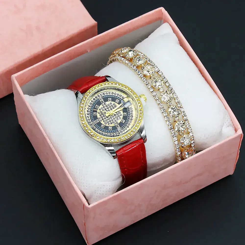 Women's Full Diamond Wristwatch with Black Leather Band - Image 4