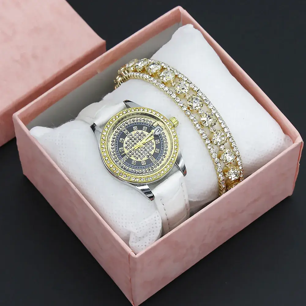 Women's Full Diamond Wristwatch with Black Leather Band - Image 5