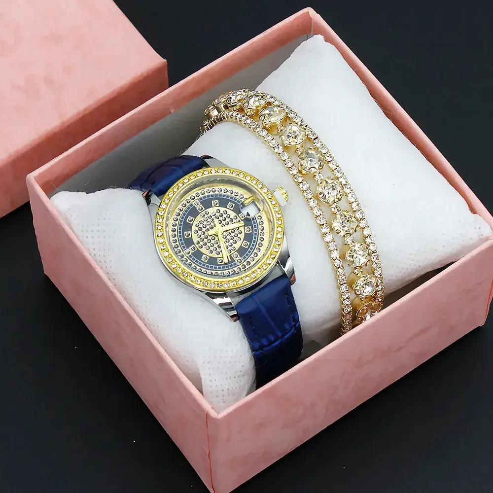 Women's Full Diamond Wristwatch with Black Leather Band - Image 6