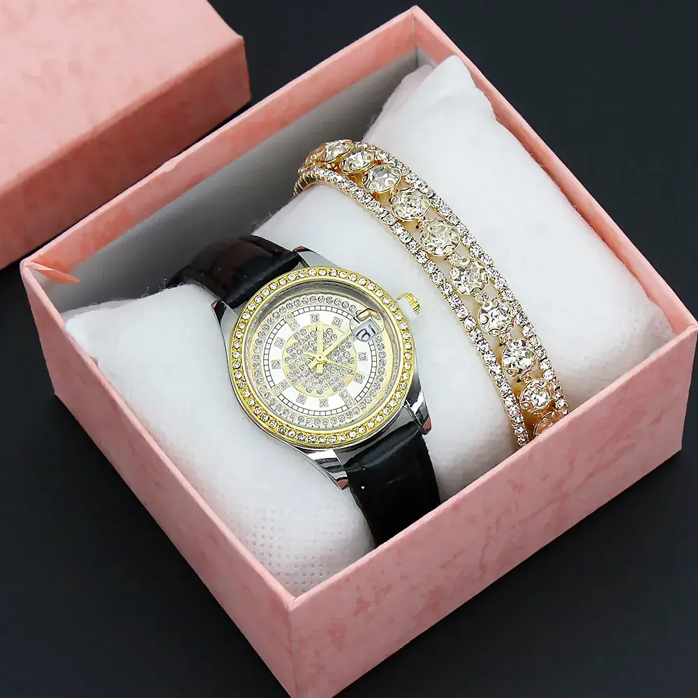 Women's Full Diamond Wristwatch with Black Leather Band - Image 7