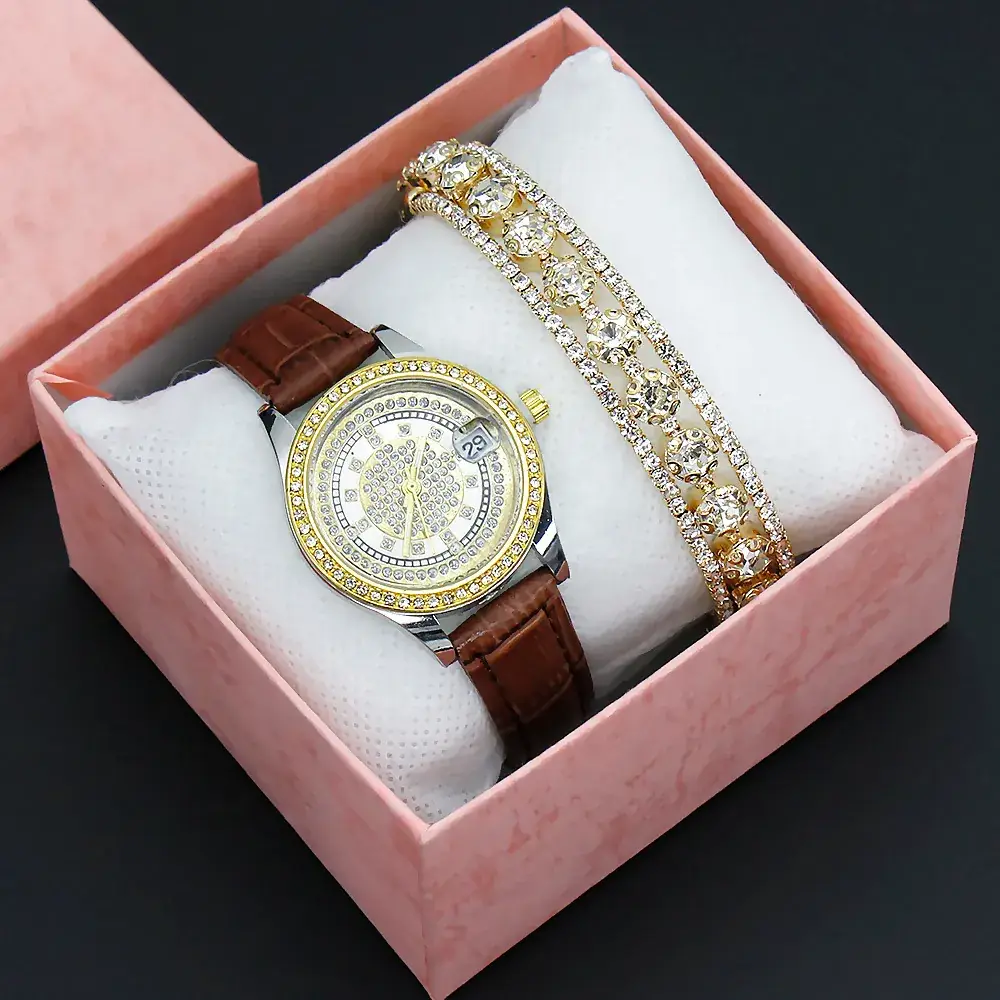 Women's Full Diamond Wristwatch with Black Leather Band - Image 8