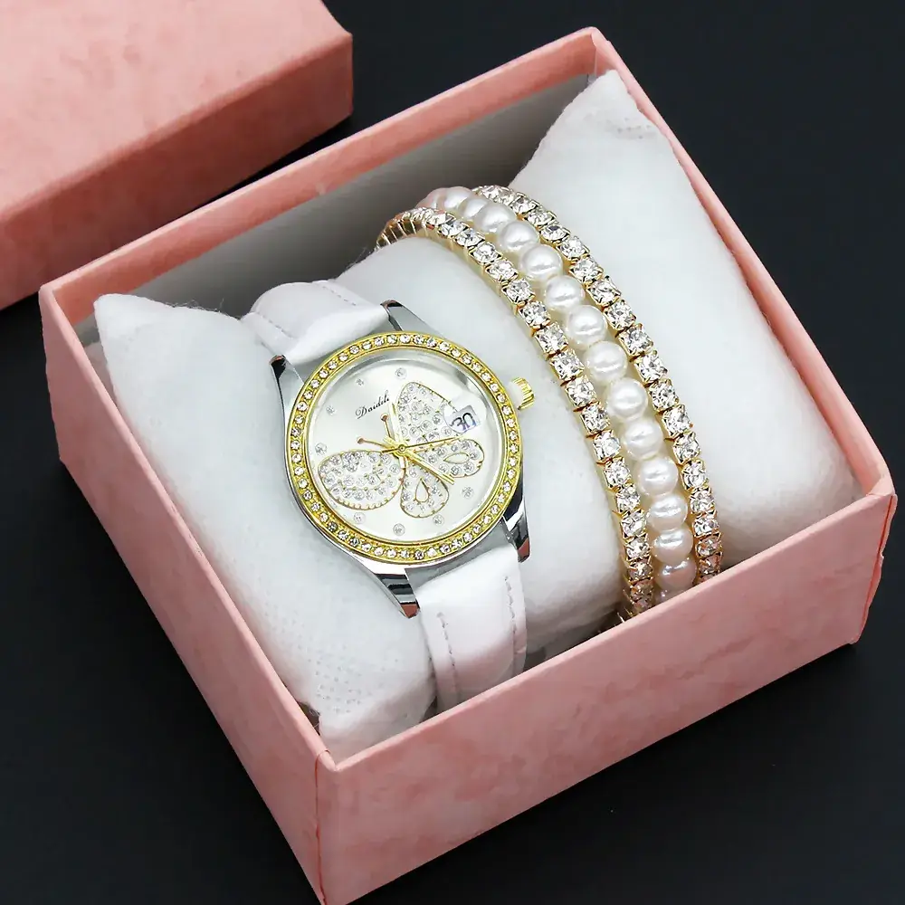 Women's Diamond Butterfly Watch with Pearl Bracelet - Image 10