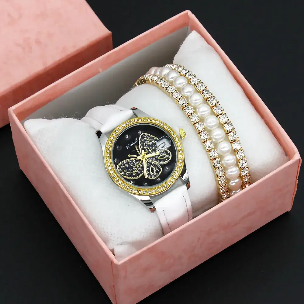 Women's Diamond Butterfly Watch with Pearl Bracelet - Image 5