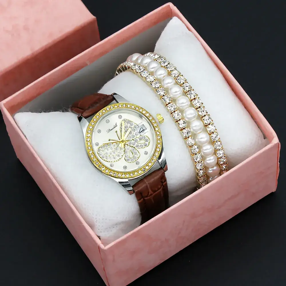 Women's Diamond Butterfly Watch with Pearl Bracelet - Image 7