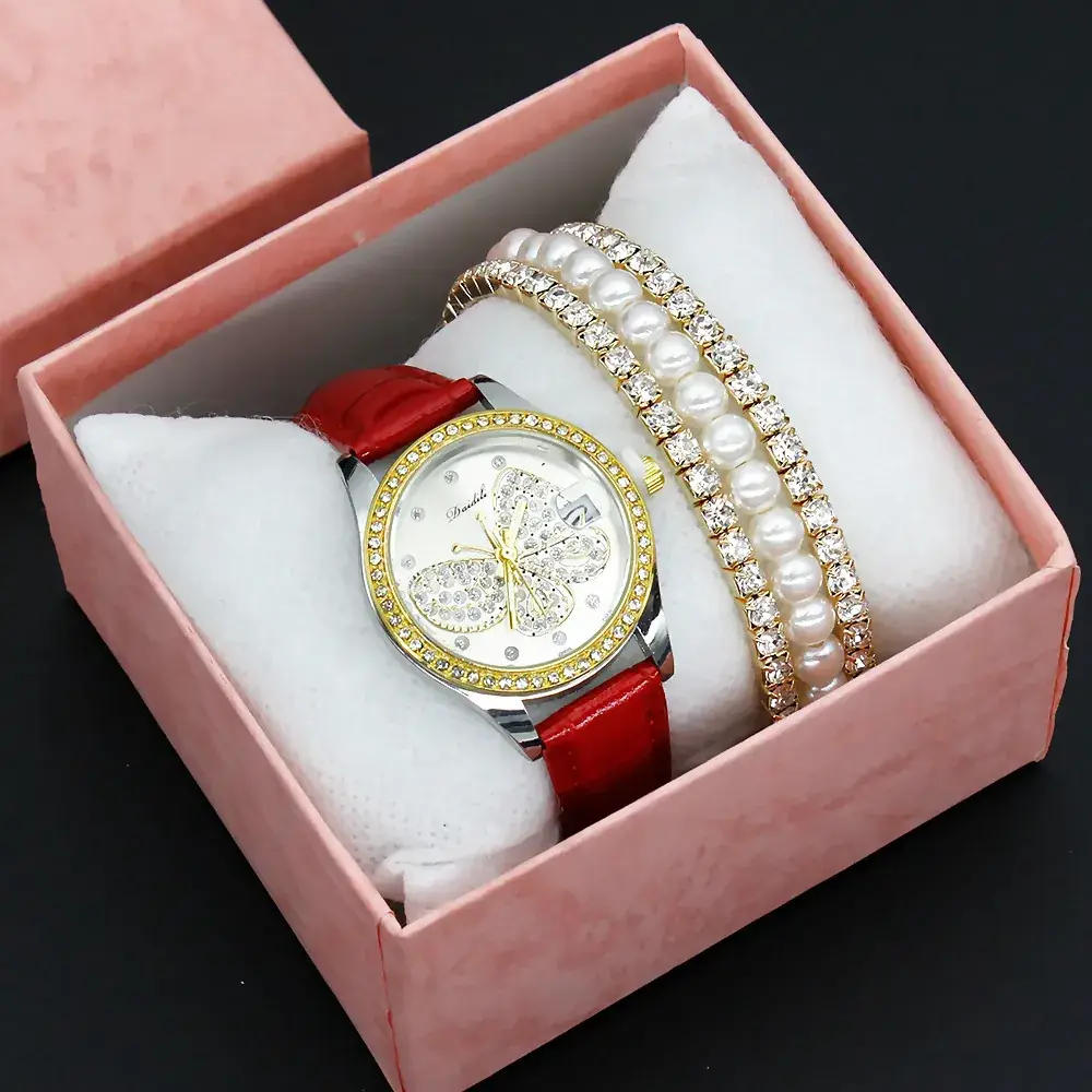 Women's Diamond Butterfly Watch with Pearl Bracelet - Image 9