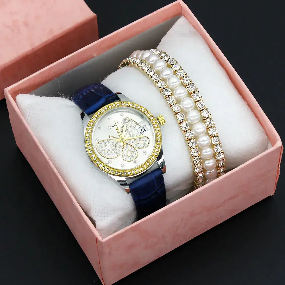 Women's Diamond Butterfly Watch with Pearl Bracelet - Image 11