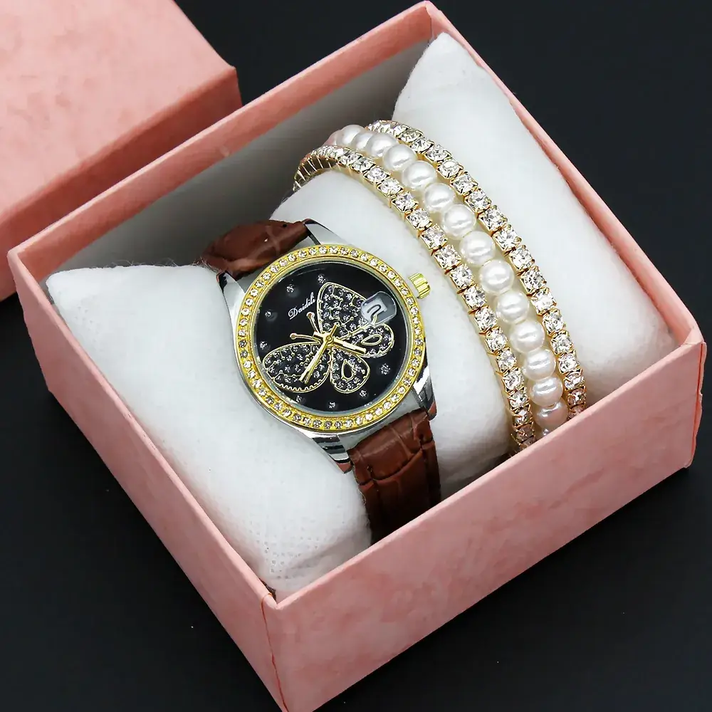 Women's Diamond Butterfly Watch with Pearl Bracelet - Image 2