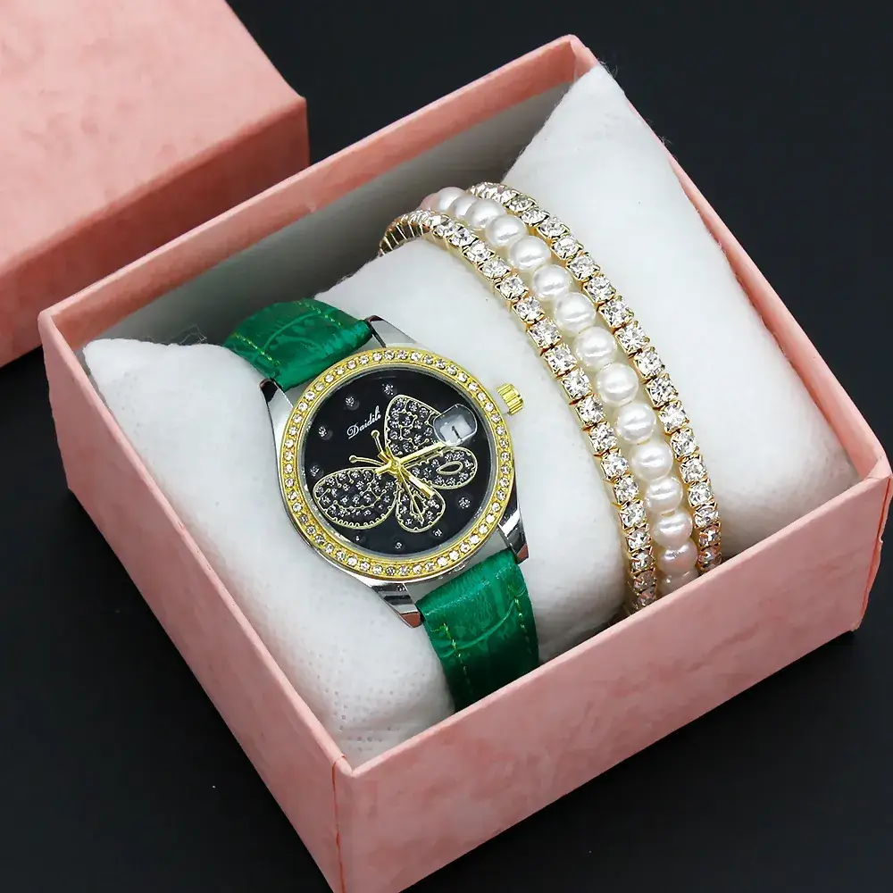 Women's Diamond Butterfly Watch with Pearl Bracelet - Image 3