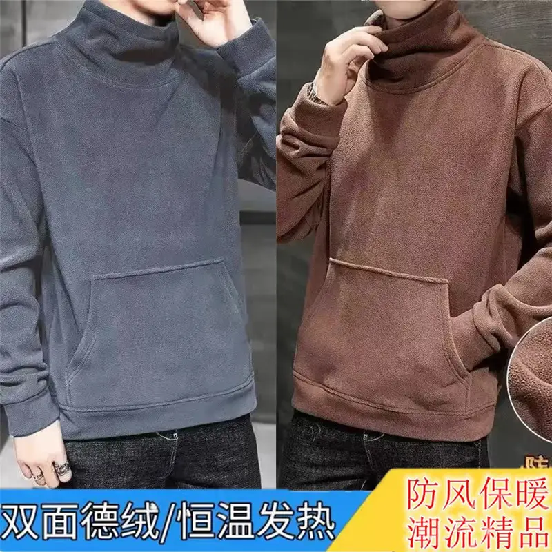 Men Black Velvet Turtleneck 3/4 Sleeve Warm Fleece - Image 9