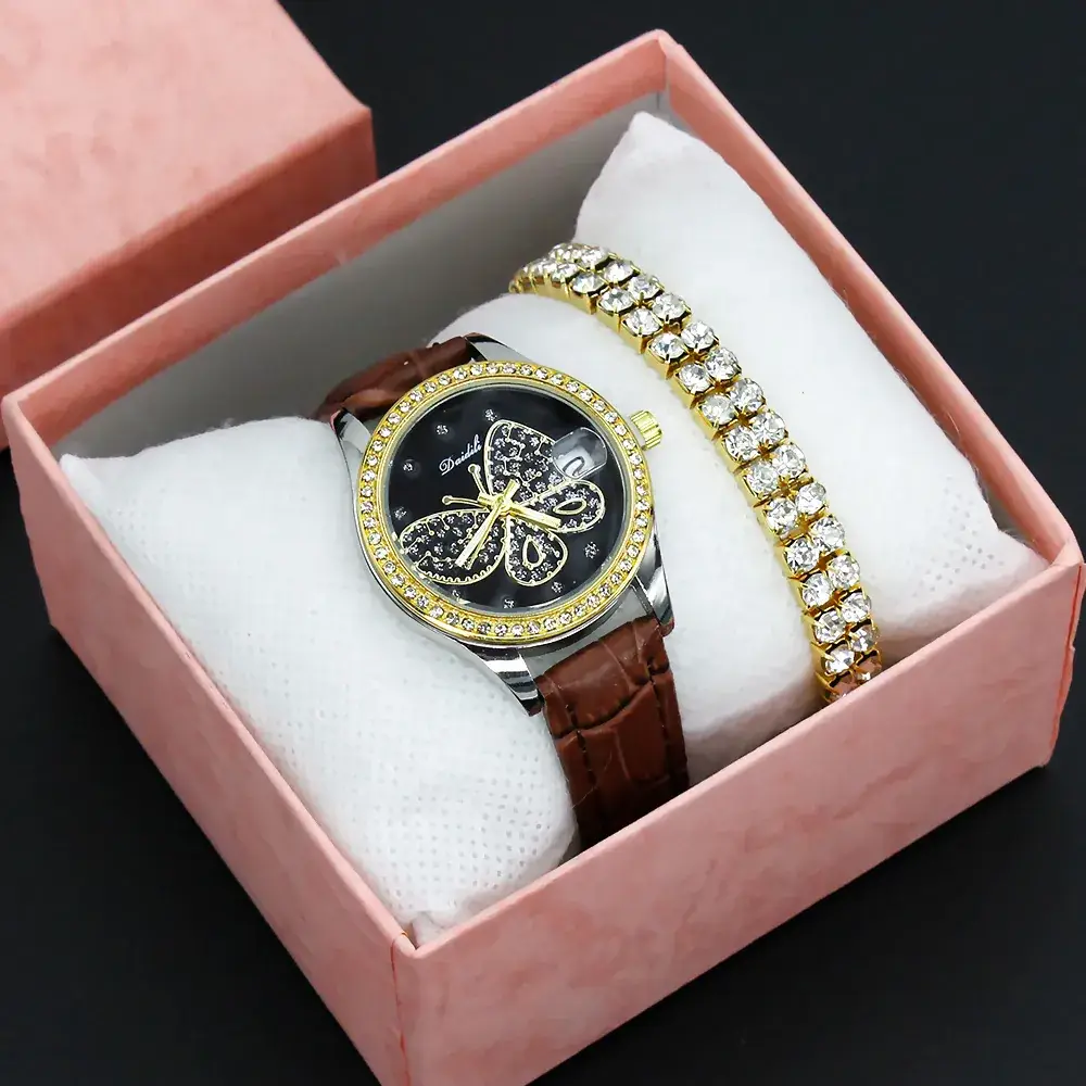 Women's Butterfly Rhinestone Watch Green Strap - Image 2