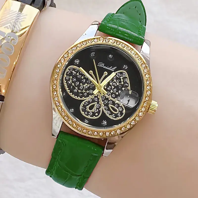 Women's Butterfly Rhinestone Watch Green Strap - Image 15