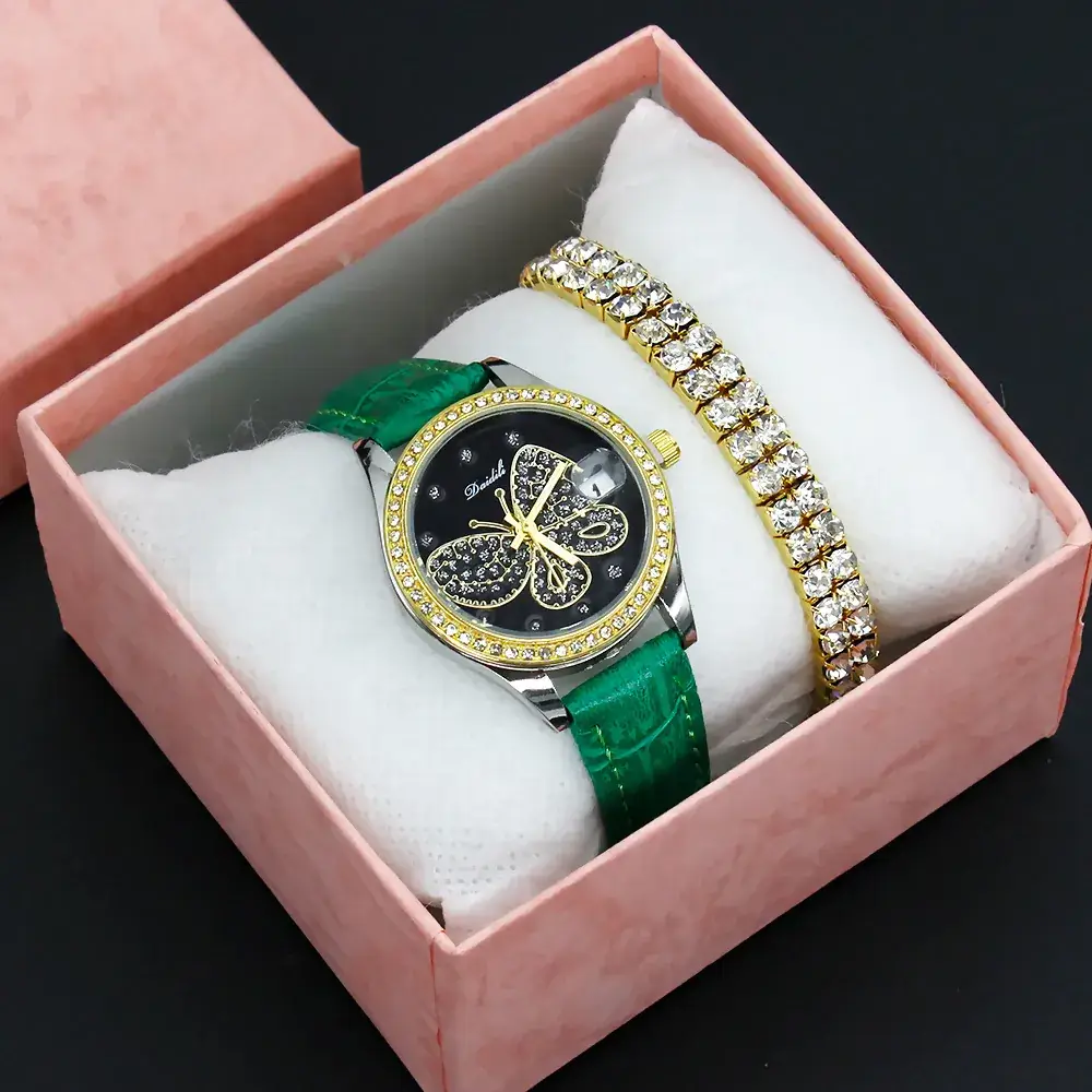 Women's Butterfly Rhinestone Watch Green Strap - Image 3