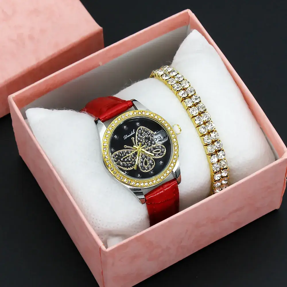 Women's Butterfly Rhinestone Watch Green Strap - Image 4